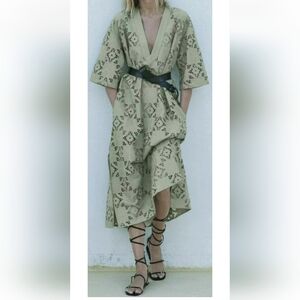 Zara Patchwork Eyelet Cotton Kaftan Maxi Dress Sage Green Large Boho Cottagecore